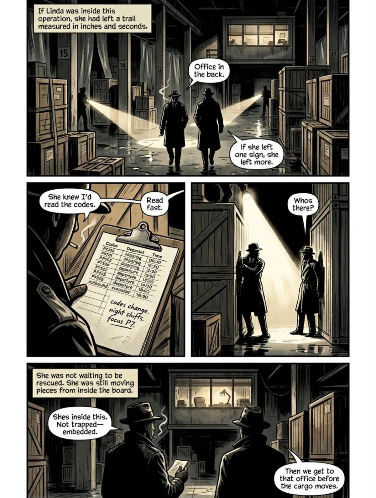 Black and white comic panel showing two figures in a building corridor discussing an operation, with dialogue about measurements, codes, and timing to reach an office.