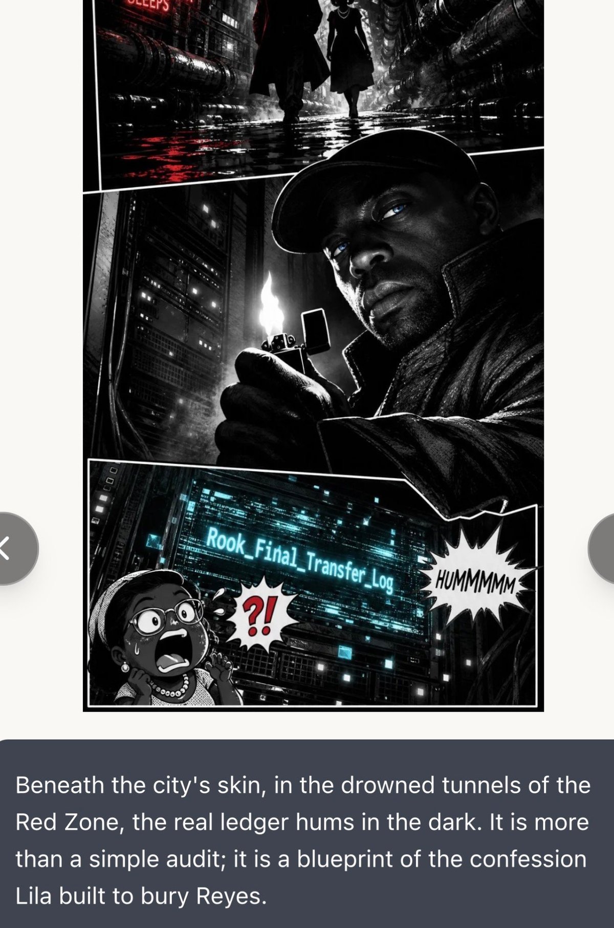 Black and white comic panel showing a man in a hat discovering computer code labeled Rook_Final_Transfer_Log in a dark urban setting