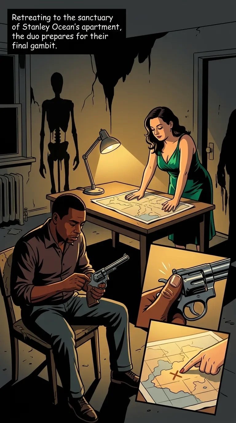 Two figures in a dimly lit apartment studying maps and holding guns, preparing for a final gambit