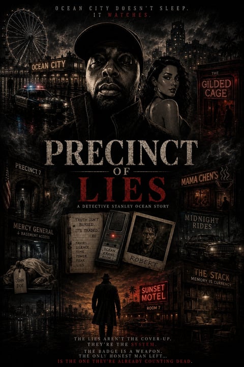 Movie poster for Precinct of Lies featuring Detective Stanley Ocean with noir themes, dark atmospheric cityscape, and mystery elements