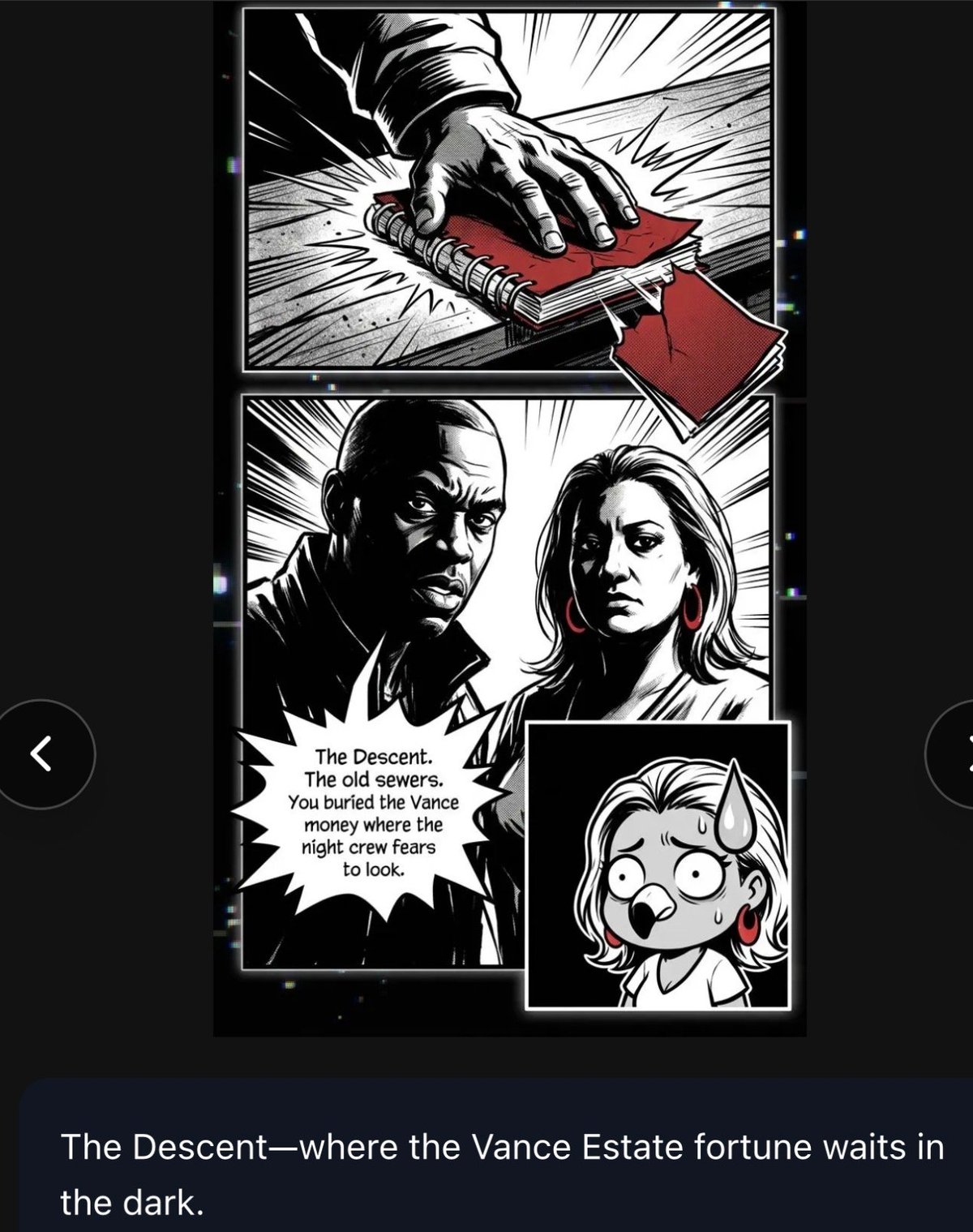 Comic book page showing a hand holding a red book, two characters in conversation, and a frightened womans face, with text about the Vance Estate fortune