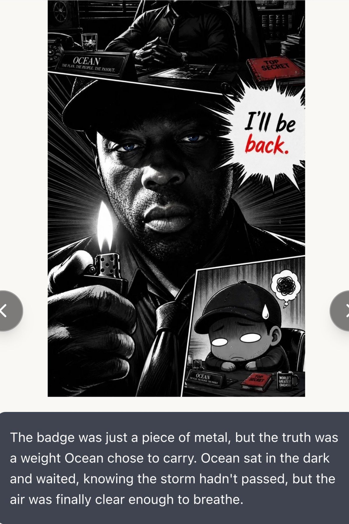 Black and white comic-style poster of a man in a cap holding a lighter with text Ill be back and animated character in corner