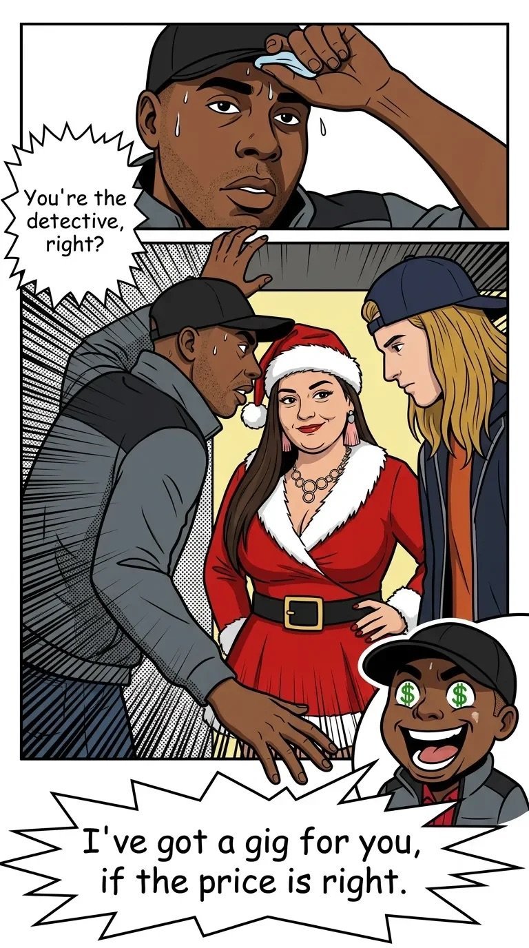 Comic panel showing a man in a black cap asking Youre the detective, right? with a scene below of two people and a woman in a Santa costume, and a small character saying Ive got a gig for you, if the price is right.