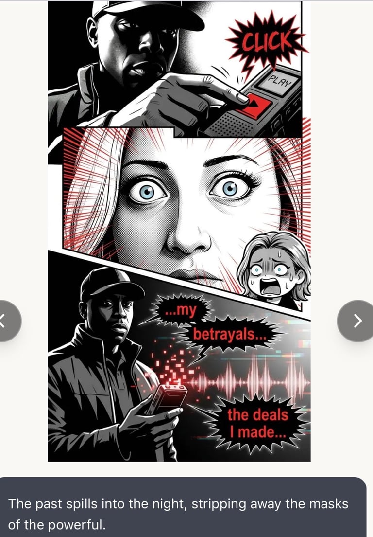 Black and red comic-style illustration showing three characters with speech bubbles saying click, my betrayals, and the deals I made.
