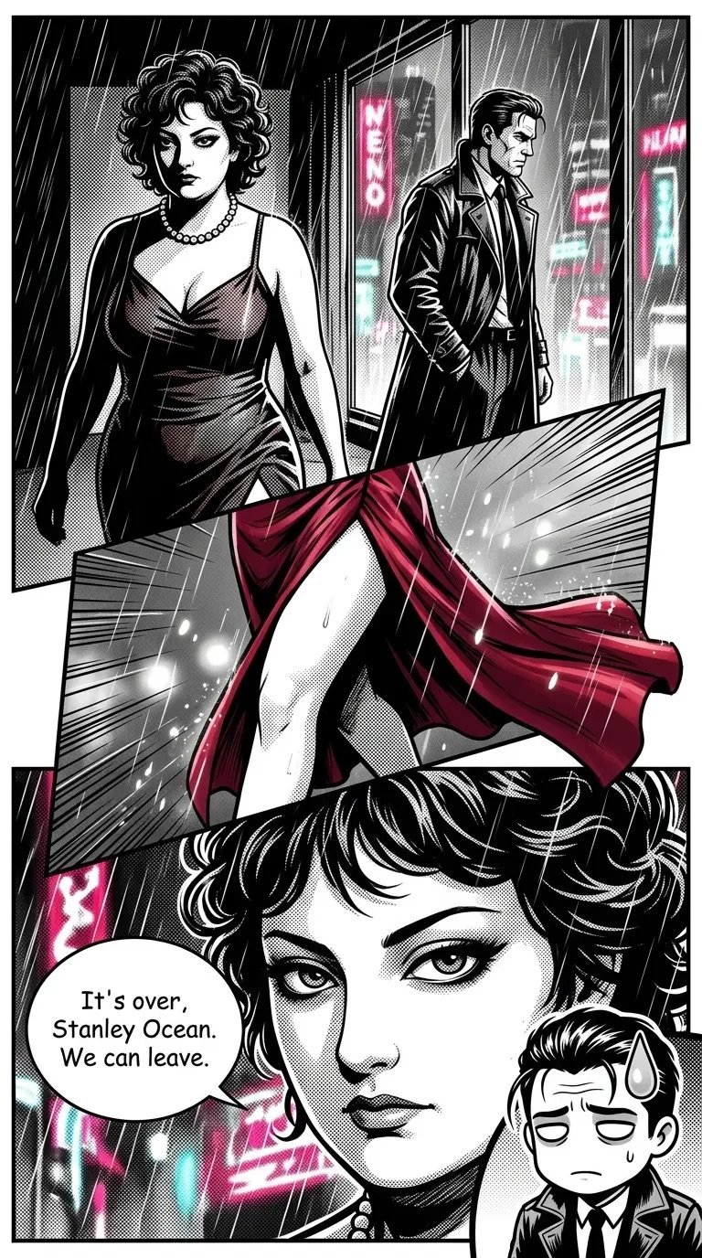 Film noir comic panel showing woman in red dress, man in leather jacket, and close-up of womans face saying Its over, Stanley Ocean. We can leave.