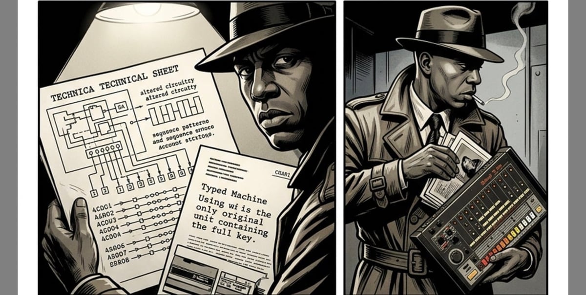 Two black and white noir-style illustrations of men in fedoras examining technical blueprints and electronic equipment