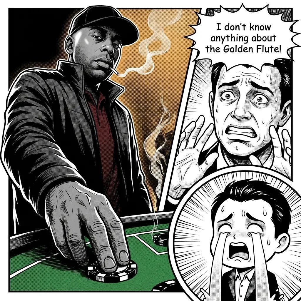 Man in black jacket and cap at poker table with chips, two distressed cartoon faces in speech bubble saying they dont know about the Golden Fleuri