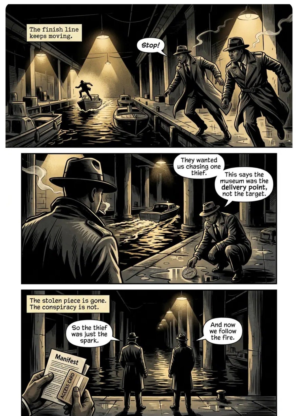 Film noir comic depicting detectives chasing a thief through an industrial warehouse, discussing a stolen artifact and conspiracy.