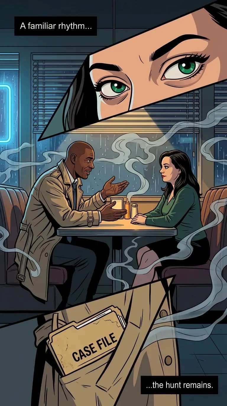 Comic illustration of two detectives in an office with a large close-up of a womans face above them. A case file is visible in the foreground.