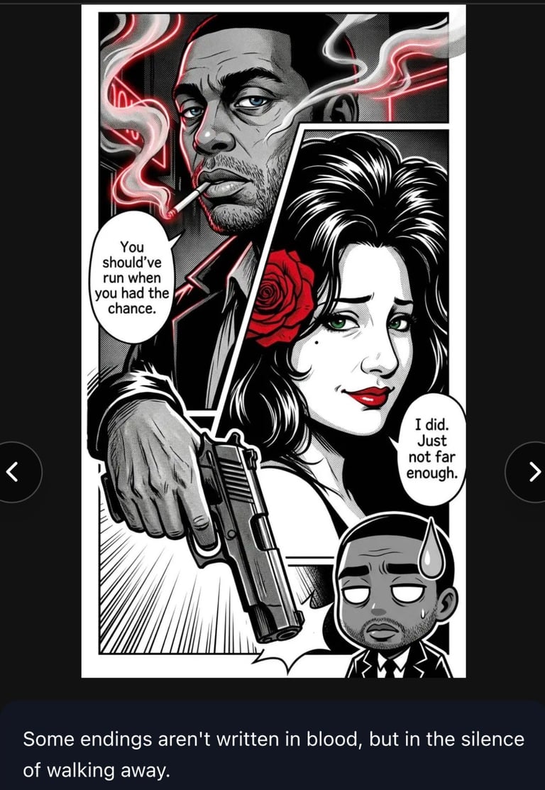 Film noir comic panel showing a man and woman with guns and neon red accents, with dialogue about choices and consequences