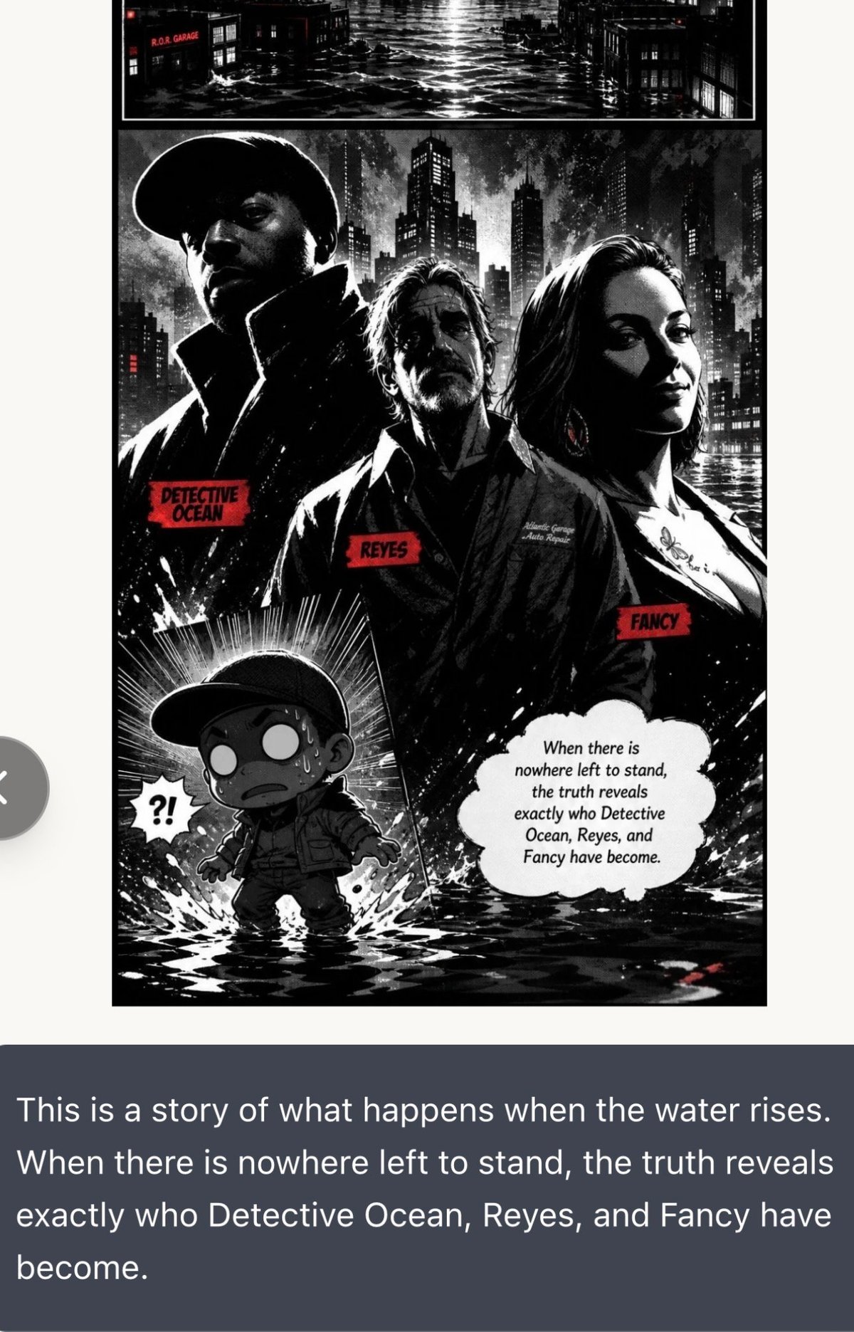 Black and white noir poster showing three men in dramatic silhouette against a cityscape with a small figure in the foreground and speech bubble text about Detective Ocean, Reyes, and Fancy
