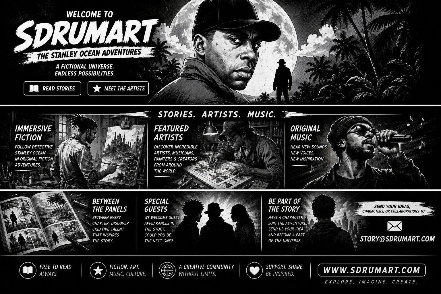 Welcome to SDRUMart website featuring The Stanley Ocean Adventures with navigation for stories, artists, music and community content in black and white design