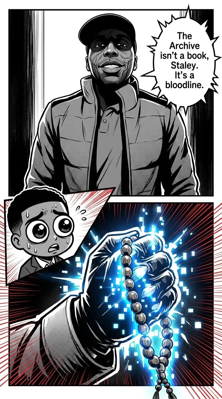 Comic panel with man in cap stating The Archive is a bloodline, below shows hand holding glowing blue beaded chain