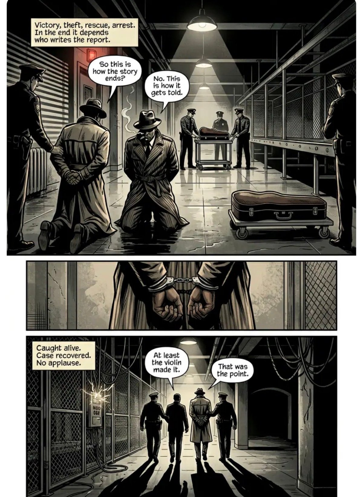 Black and white comic panels showing detectives discussing a crime case involving a stolen violin and recovered case in an industrial warehouse setting