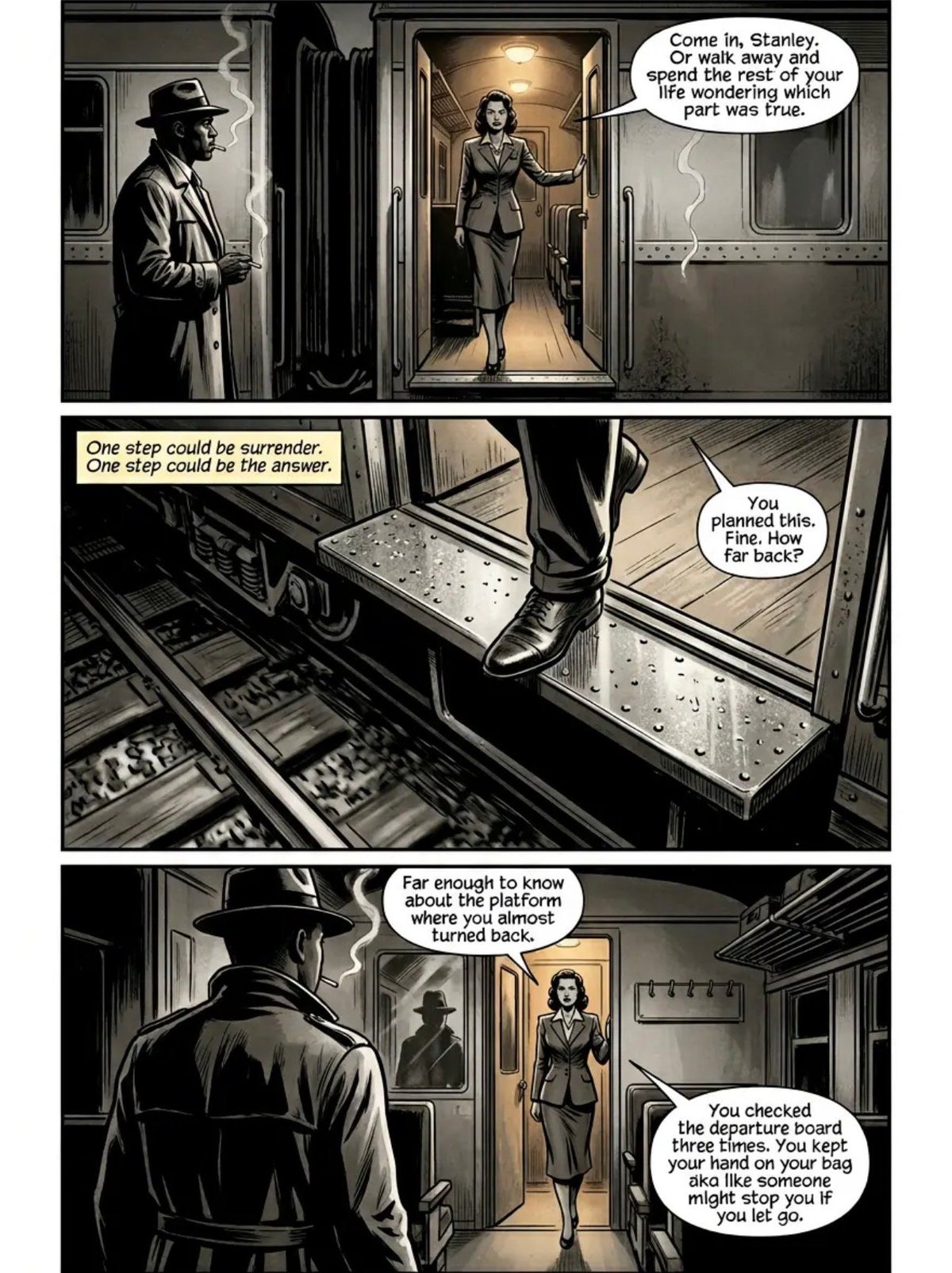 Black and white comic panel showing a man and woman in a train car having a tense conversation about a critical decision