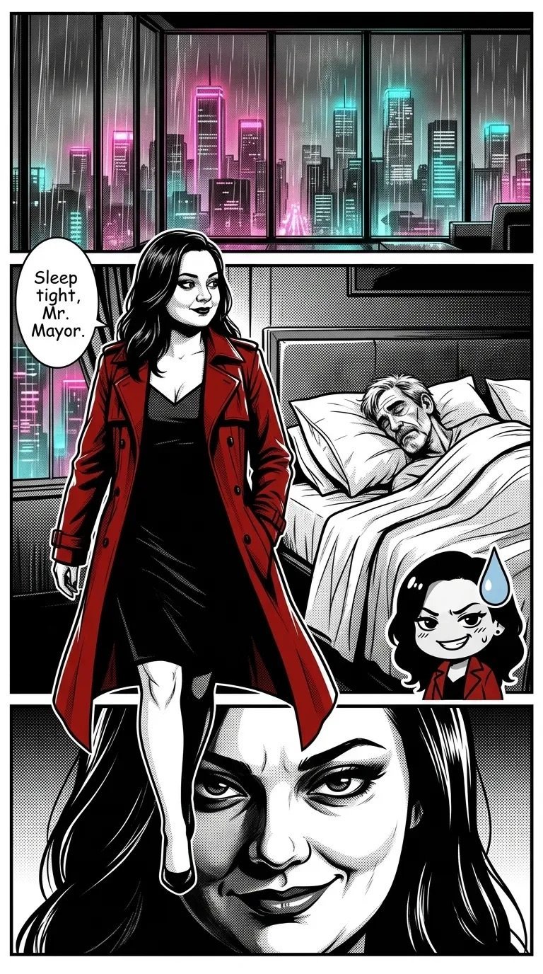 Comic strip panel showing a woman in a red coat standing over a sleeping man in bed with a child, set in a neon-lit city apartment.