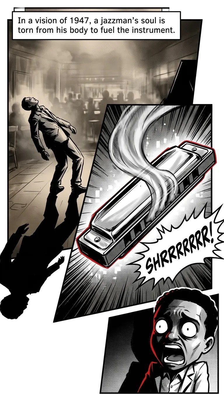 Black and white comic panel showing a jazzman arching back with energy flowing into a harmonica, with an amazed mans face below