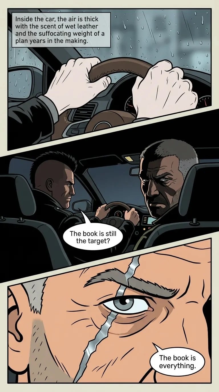 Comic strip showing two men in a car during rain discussing a book target, with close-up of a scarred mans face saying the book is everything