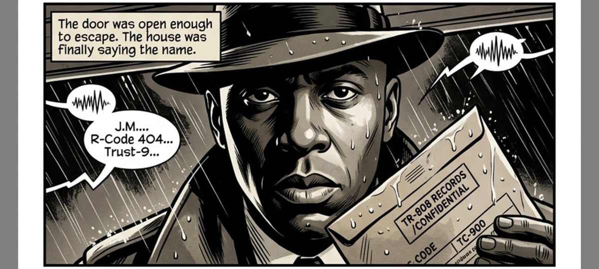 Film noir comic panel showing a man in a fedora hat with dialogue bubbles about escaping a house and trusting someone.