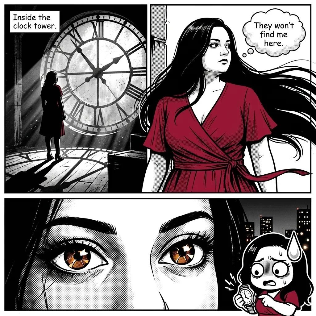 Comic panel showing a woman in a red dress inside a clock tower with dialogue, and a close-up of her intense orange eyes below