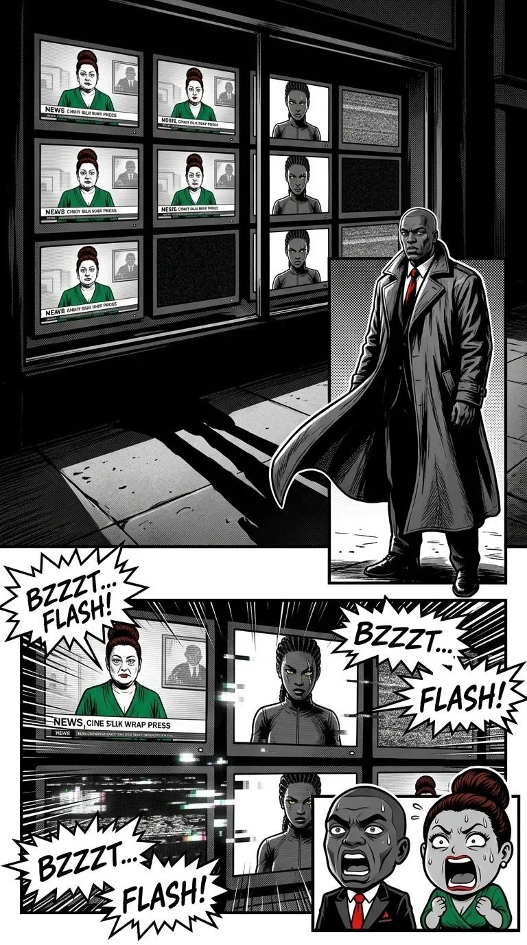 Black and white comic panel showing a man in coat and glasses viewing surveillance monitors on wall, with shocked reactions below