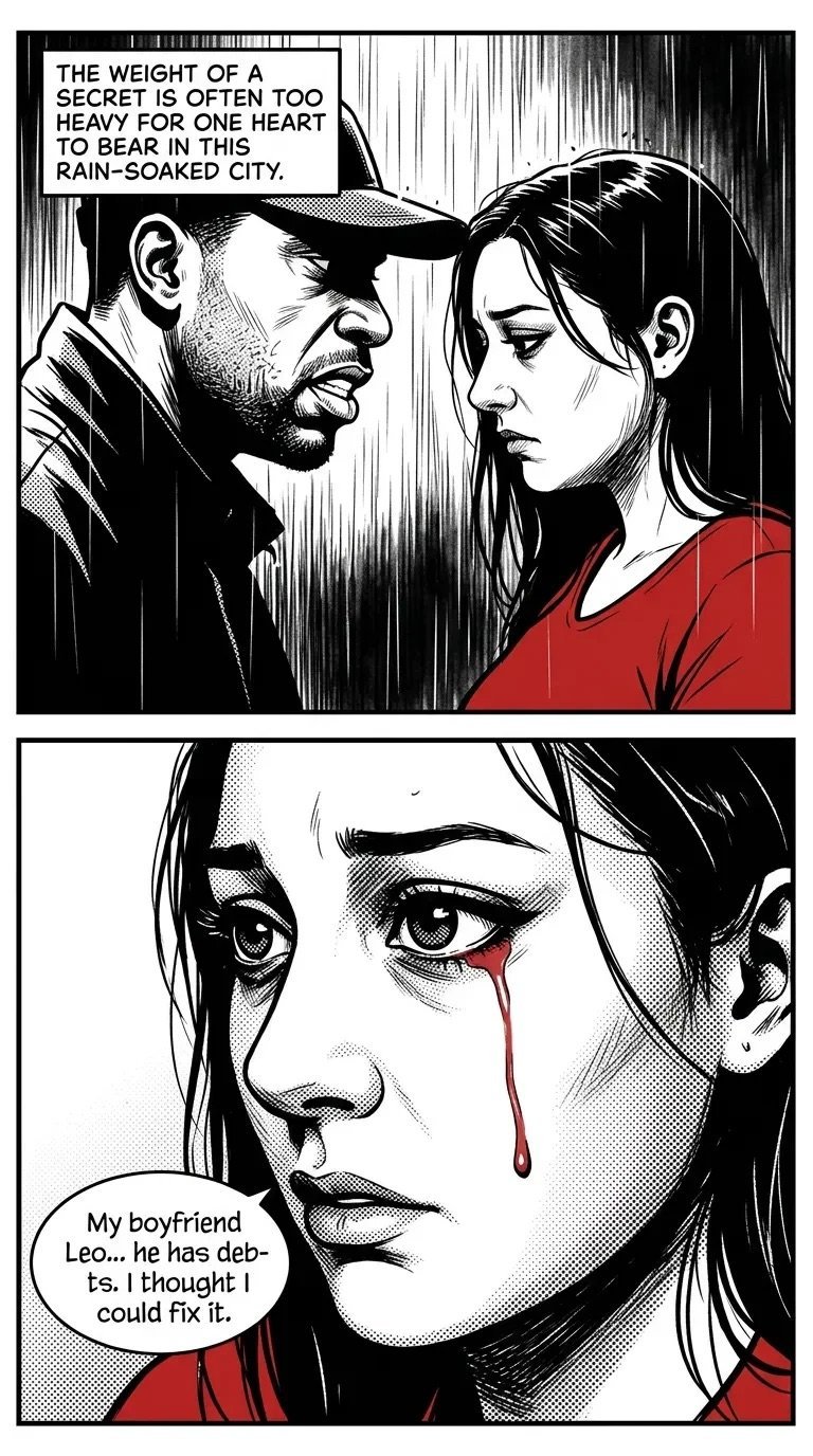 A two-panel black and white comic showing a man telling a woman about keeping secrets, followed by the woman crying with a red tear, expressing worry about her boyfriend Leos debts.