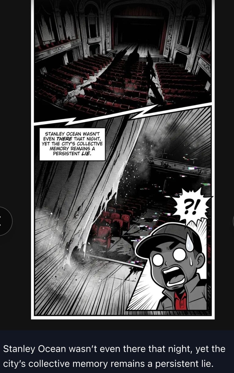 Black and white comic panel showing abandoned theater interior with shocked cartoon character and text about Stanley Ocean