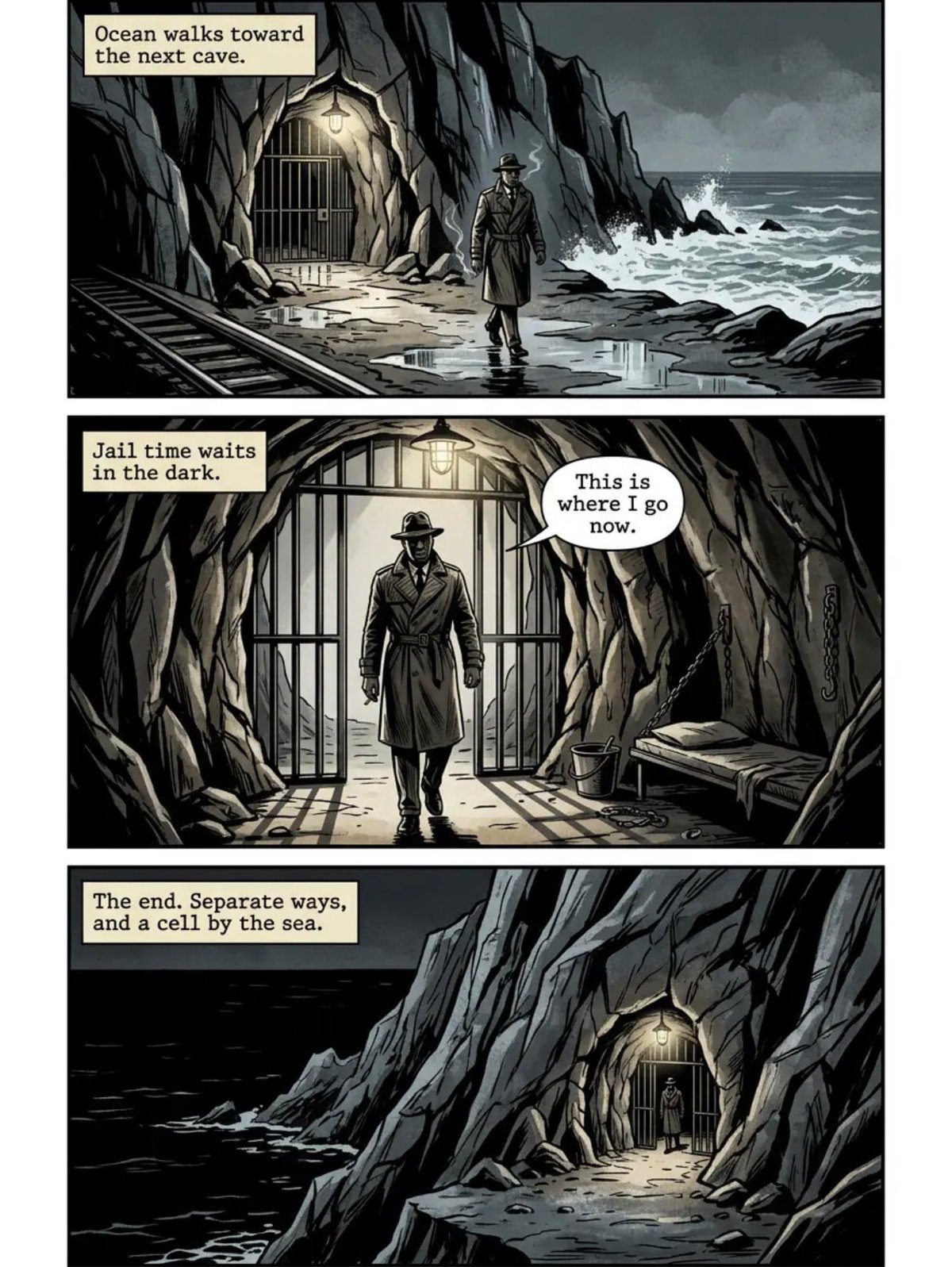 A three-panel comic showing a figure in a long coat walking through cave passages toward a lit iron door by the sea, with dialogue about separation and imprisonment.