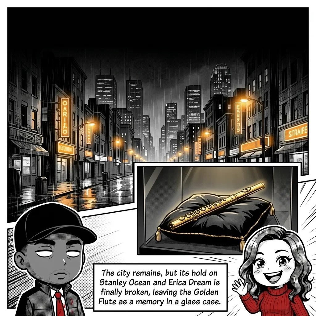 Comic-style illustration showing a rainy city street with two cartoon characters and a speech bubble referencing a Golden Flute displayed in a glass case.