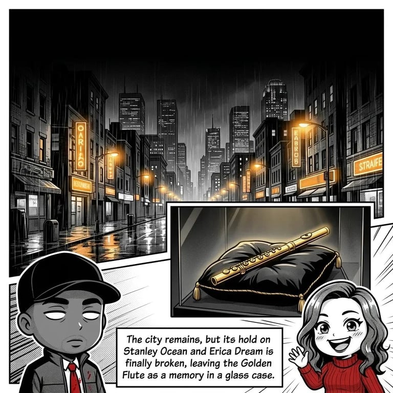 Comic-style illustration showing a rainy city street with two cartoon characters and a speech bubble referencing a Golden Flute displayed in a glass case.