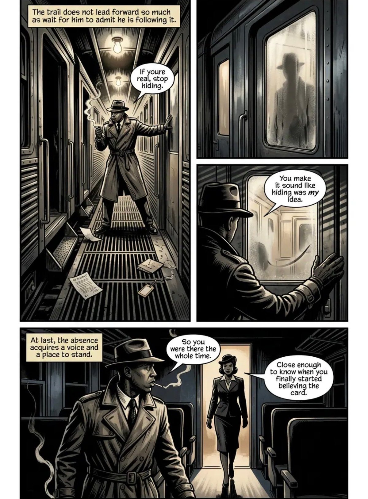 Film noir comic panel showing detectives in a train corridor with dialogue about following a suspect and pursuing the truth.