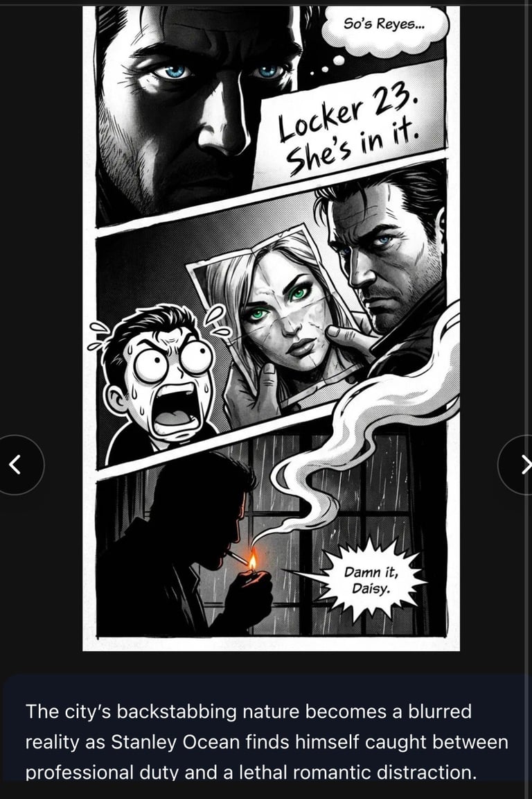 Black and white comic panel showing a man with intense eyes, a woman with striking green eyes, a shocked mans face, and a figure with a cigarette. Text bubbles reference Locker 23 and mention Daisy.
