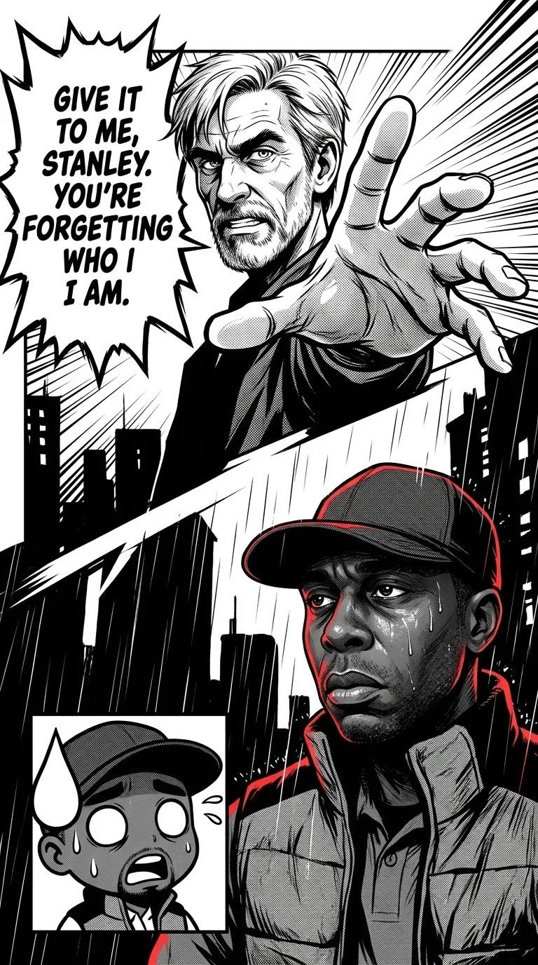 Black and white comic panel showing an angry man with hand outstretched toward Stanley, with speech bubble saying Give it to me, Stanley. You're forgetting who I am. Urban cityscape background with red accents.