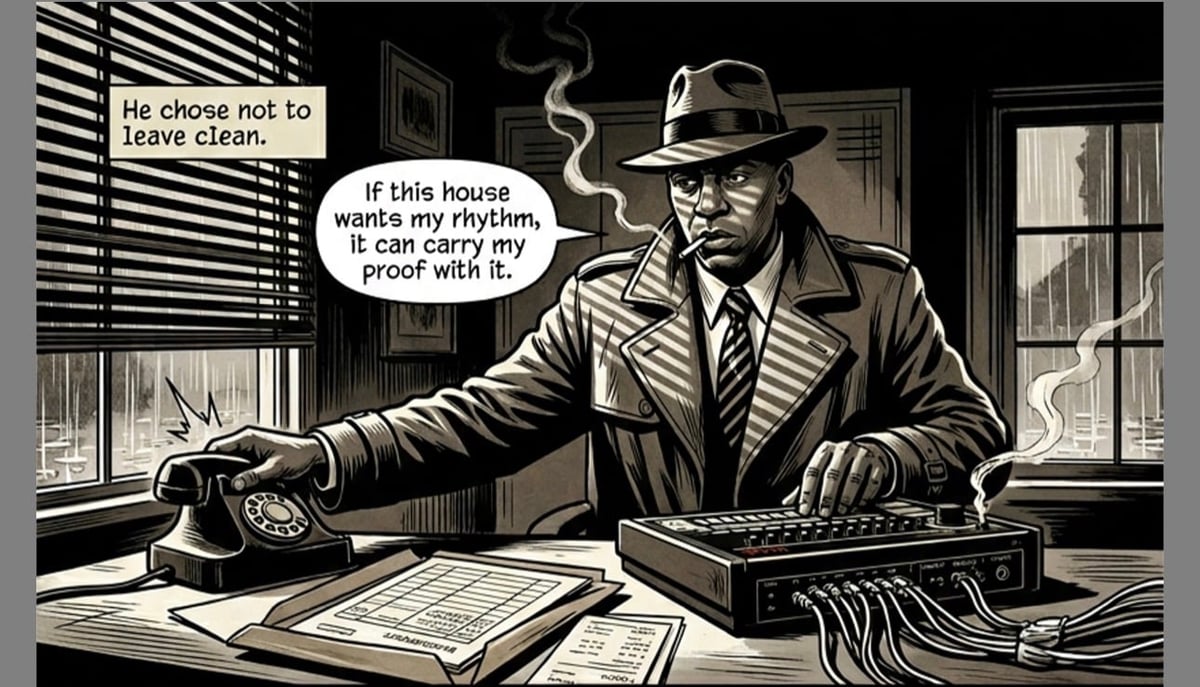 Film noir illustration of a man in a hat and suit at a desk with papers and a typewriter, speaking about house rhythm and cleanliness