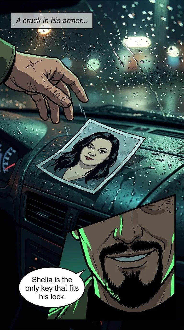 Comic panel showing a man holding a photo of a woman in rain-soaked car interior, with dialogue about a vulnerability