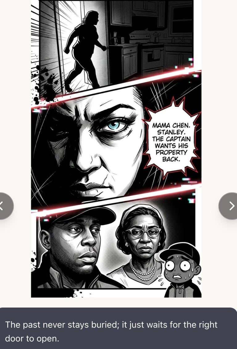 Black and white comic panel showing a silhouetted figure in a kitchen, a close-up of a mans intense face, and two characters discussing a captains property dispute