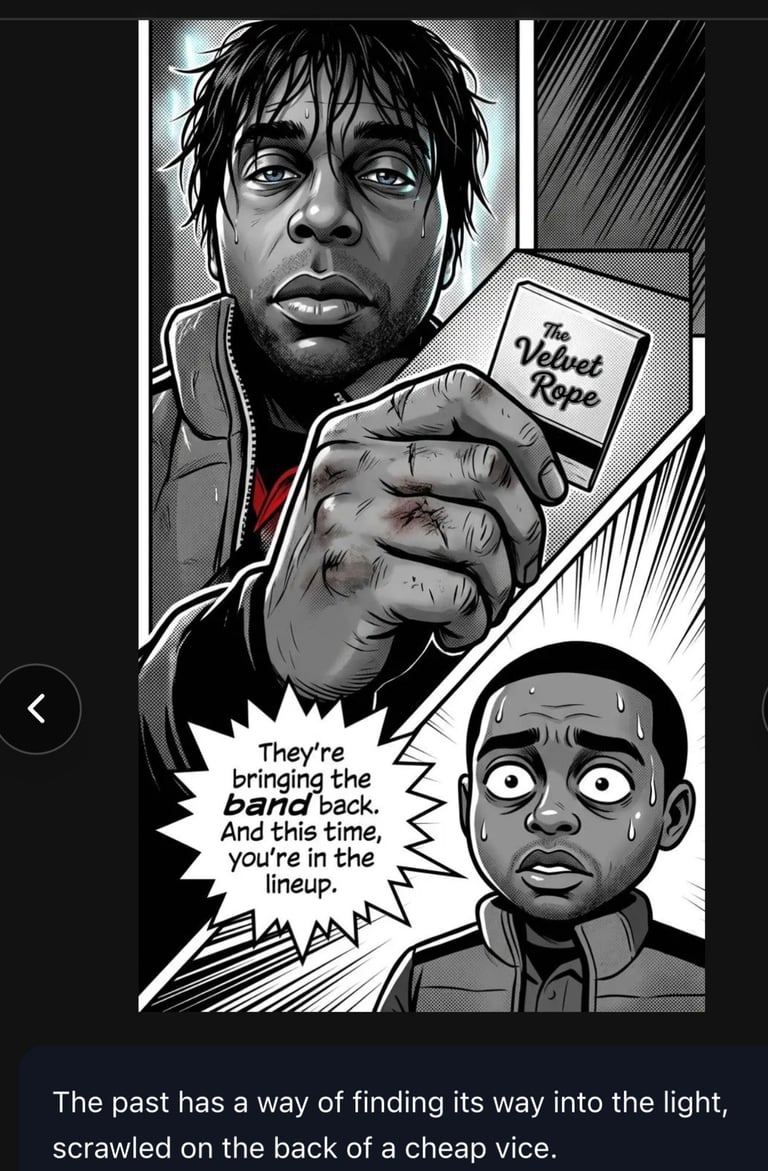 Black and white comic panel showing a man holding The Velvet Rope book, speaking to another character about a band reunion