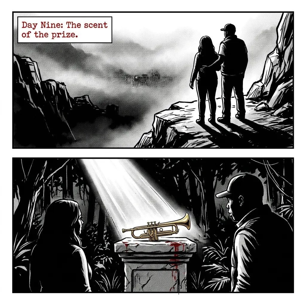 Black and white comic panels: top shows two figures standing on a cliff overlooking misty landscape; bottom shows them discovering a glowing trumpet in an underground chamber. Text reads Day Nine: The scent of the prize.