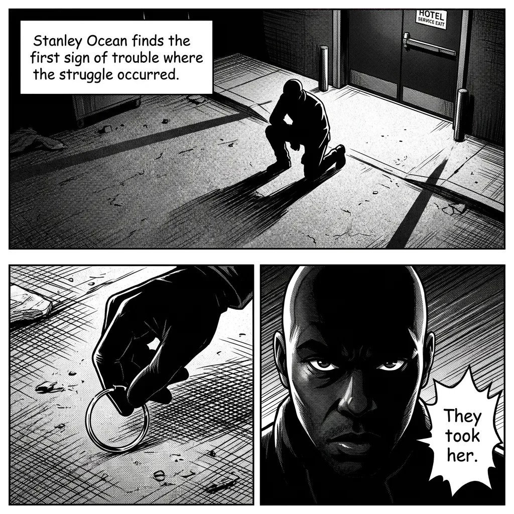 Black and white comic panels showing a man discovering trouble and learning that someone was taken. Noir-style thriller scene.