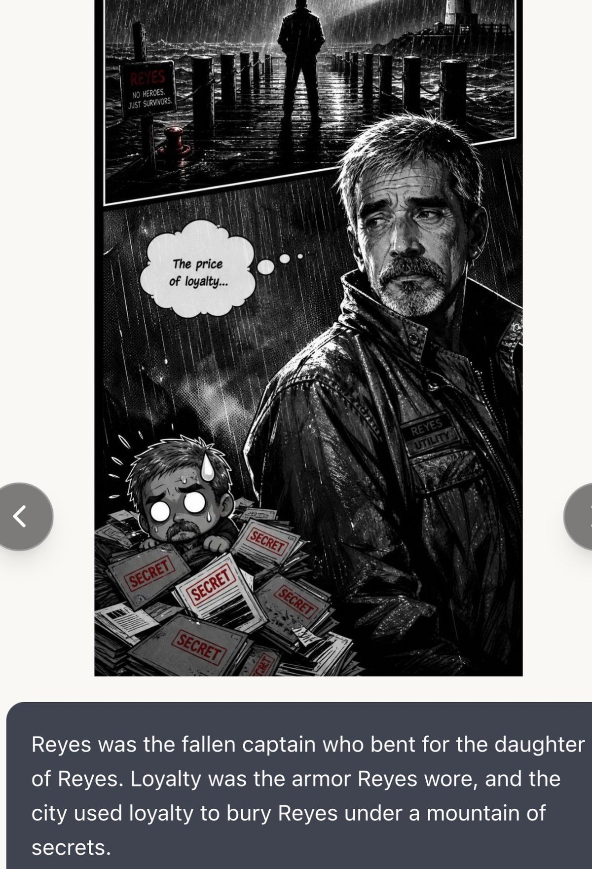 Black and white noir-style comic panel showing an older man with a beard in a leather jacket, with speech bubble about the price of loyalty, surrounded by secret documents