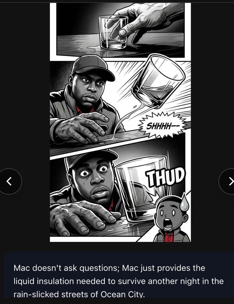 Black and white comic panel showing a man in a cap with hands near glasses of liquid, with text about Mac providing liquid insulation