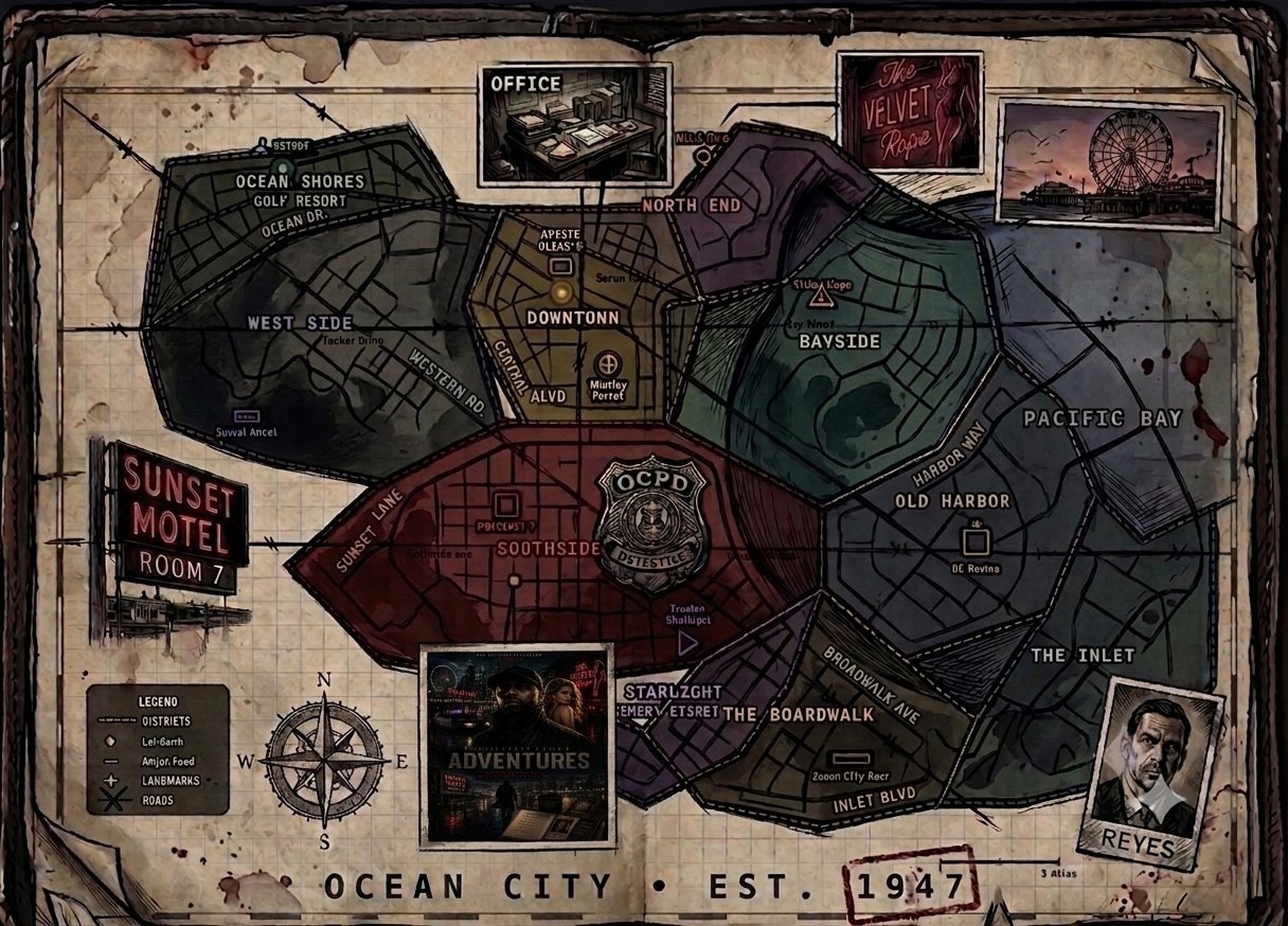 Vintage-style map of Ocean City established 1947 with district neighborhoods, landmarks, and vintage photographs marking notable locations