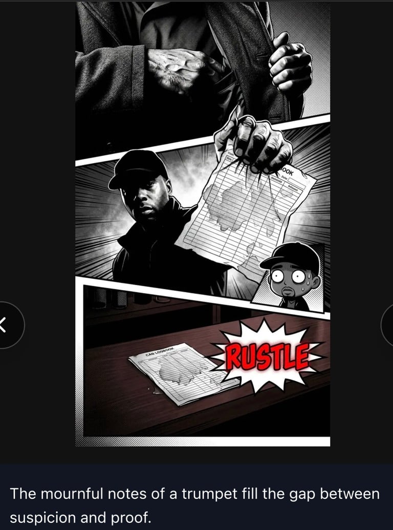 Black and white comic panel showing figures examining documents, with RUSTLE sound effect and text about trumpet notes filling gaps between suspicion and proof