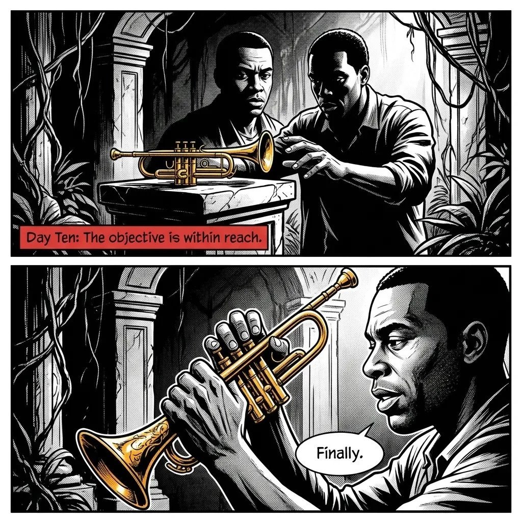 Black and white comic panel showing two men with a trumpet. Top panel has text Pay Them. The objective is within reach. Bottom panel shows man holding trumpet saying Finally.