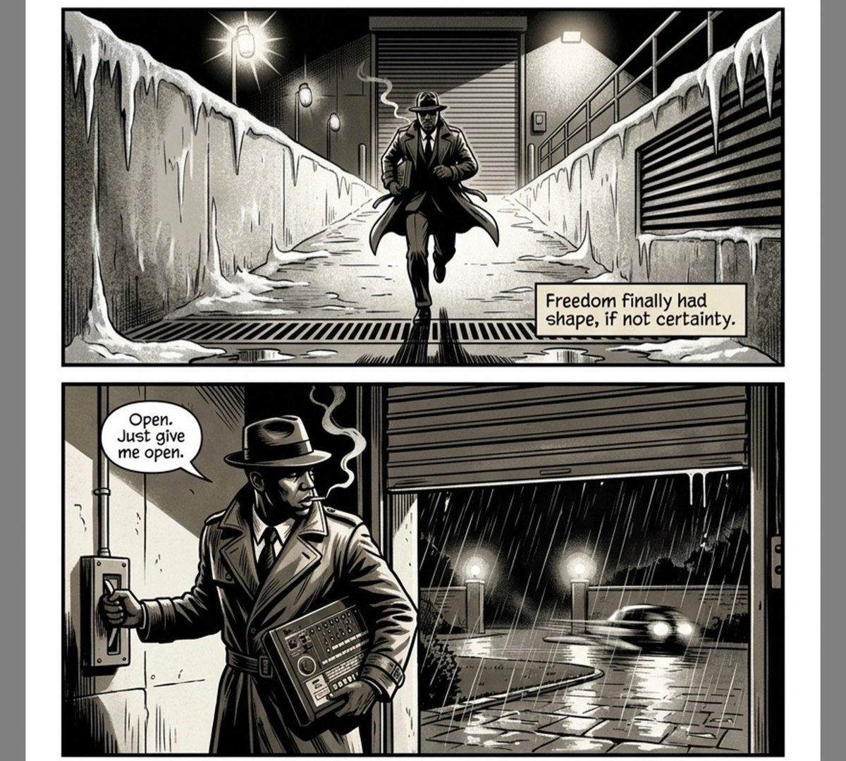 Film noir comic panels showing a figure running through an industrial corridor and a man in a fedora at a doorway with text about freedom