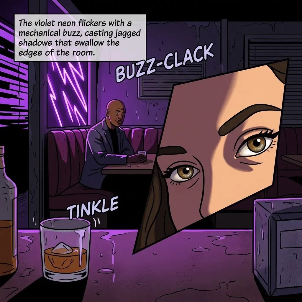 Moody comic panel with violet neon lights in a bar. A man sits at a desk while a large face looms nearby. Sound effects read BUZZ-CLACK and TINKLE amid glasses of whiskey