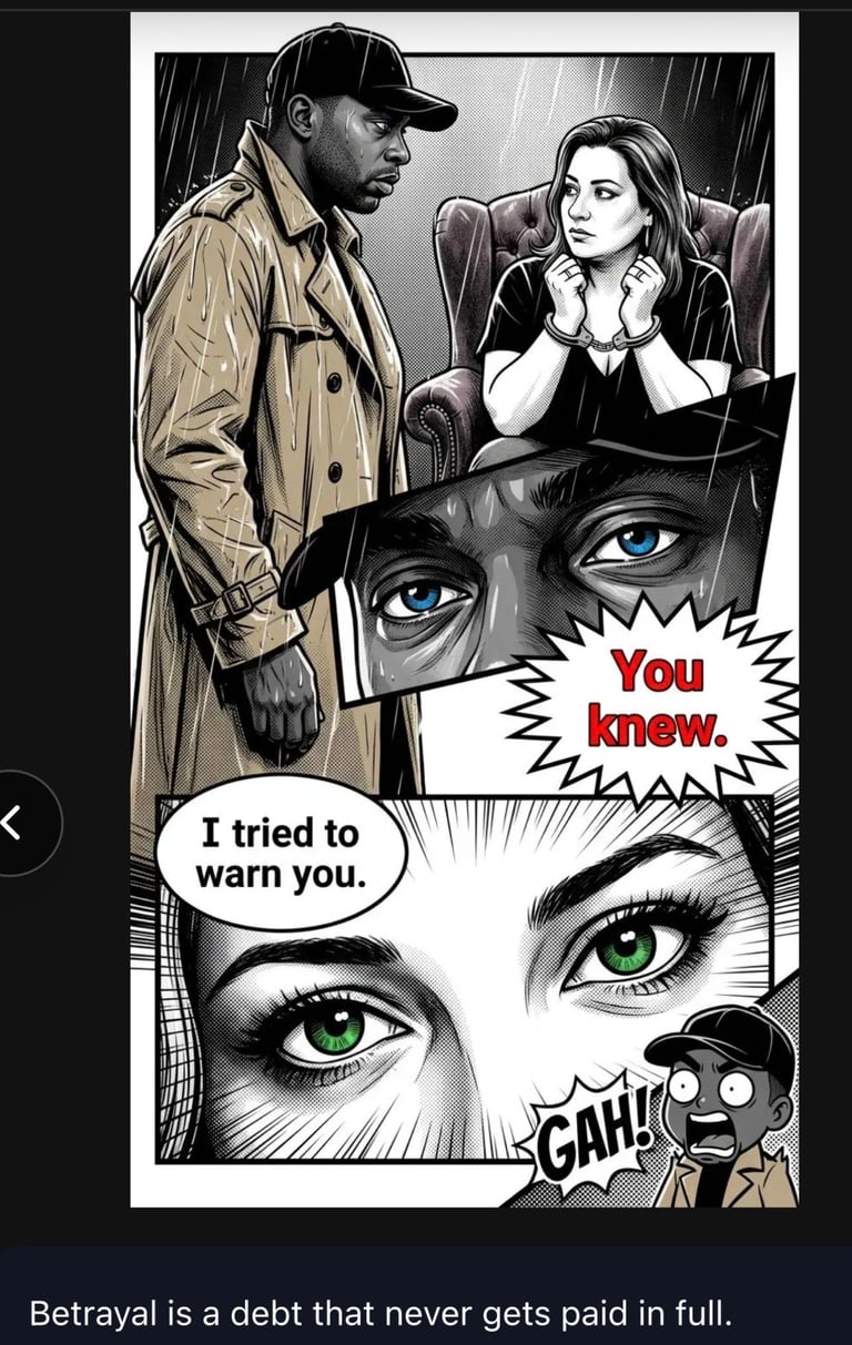 Black and white comic panel showing two people with dramatic close-ups of eyes and text bubbles about betrayal and warnings