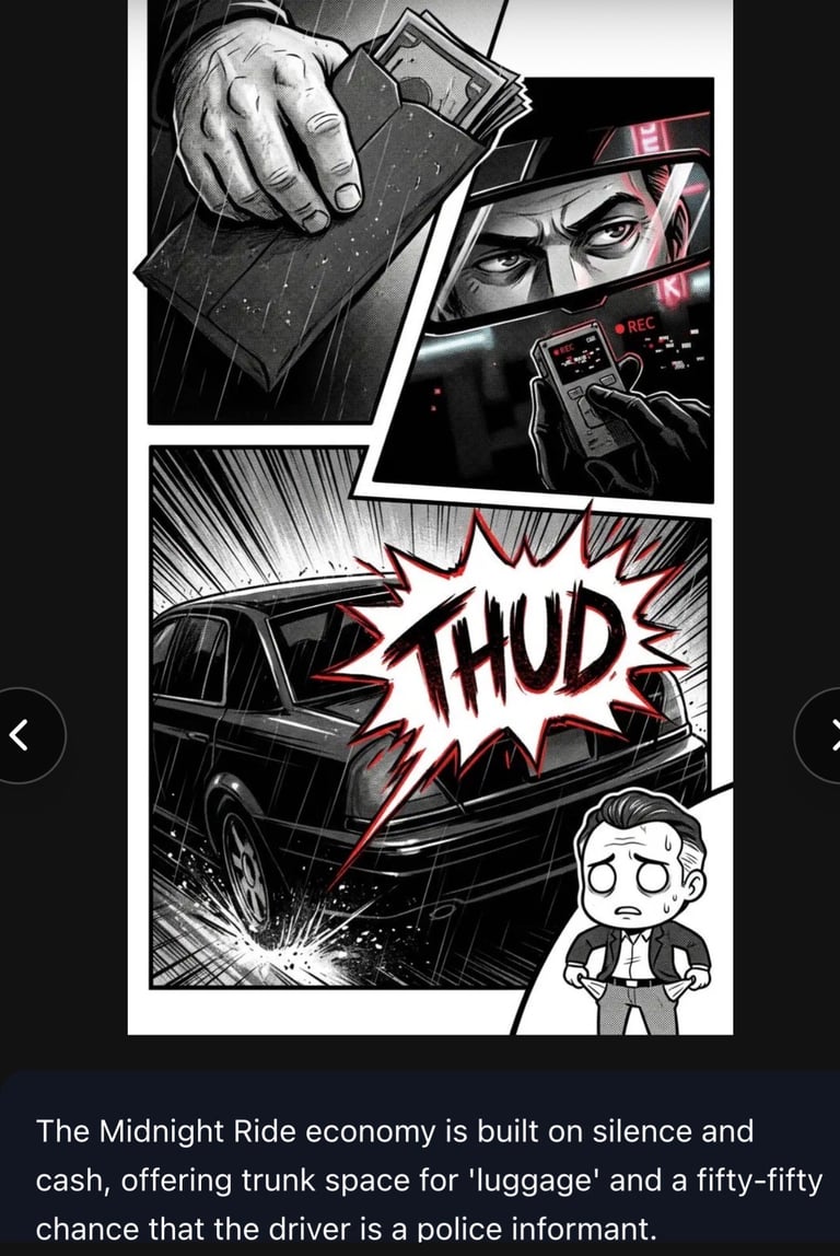 Black and white comic panel showing a hand holding cash, a drivers suspicious face, and a car being hit, illustrating the risks of midnight ride economy services