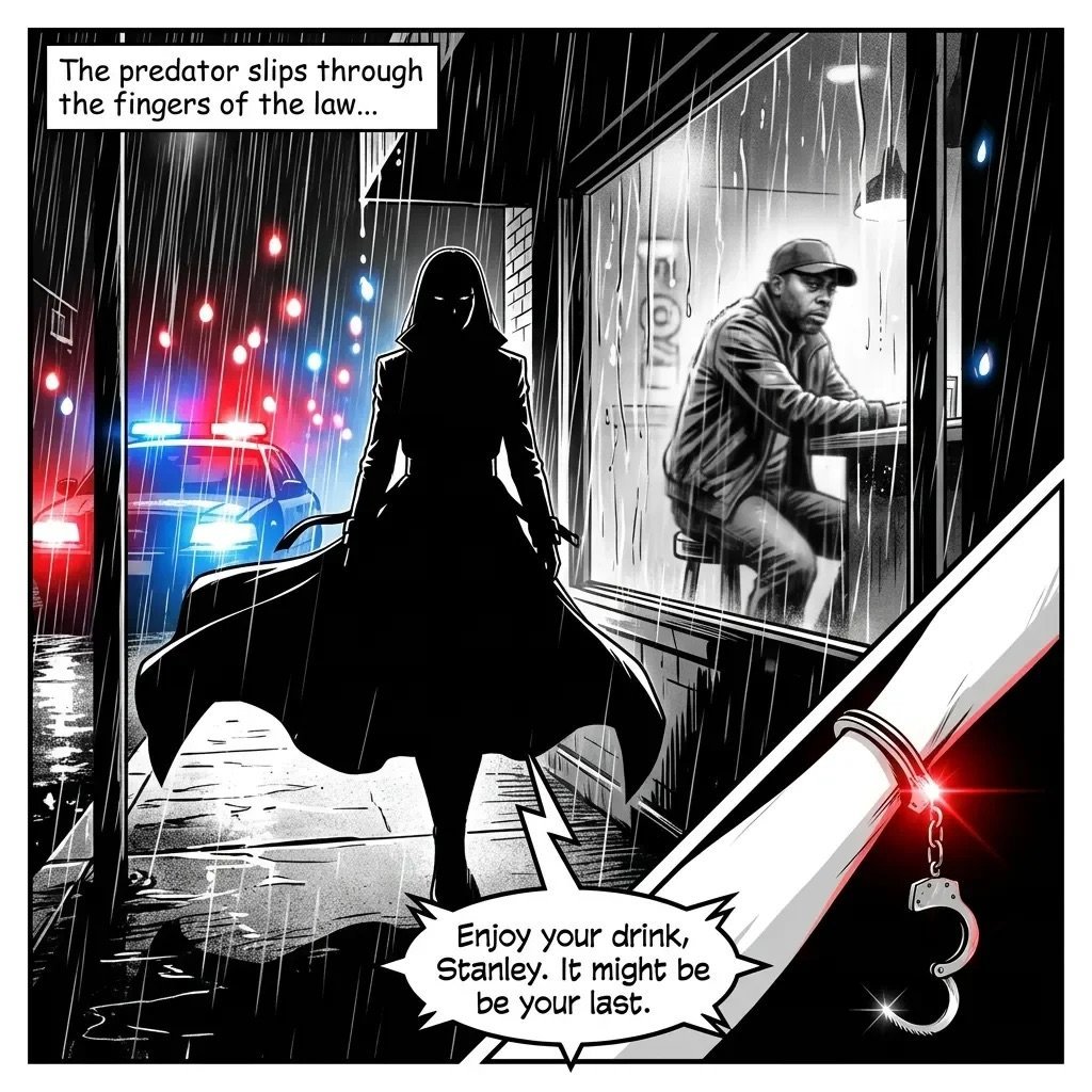 Film noir comic panel showing a silhouetted figure in a coat facing a police car with red and blue lights in the rain, with dialogue bubbles and a man watching from a window