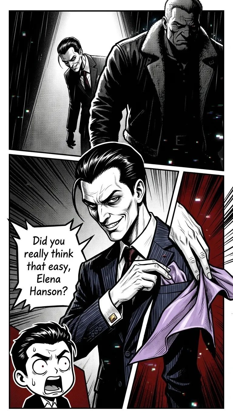 Noir-style comic panel showing a menacing man in suit holding fabric, addressing Elena Hanson with two figures in background